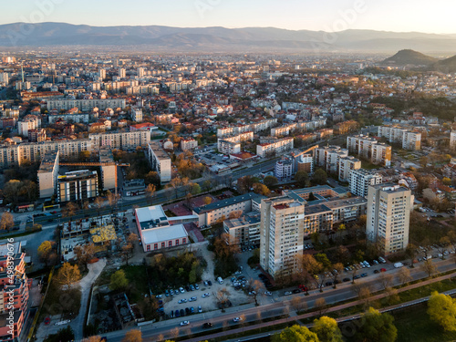 Aerial view of Maritsa river and panorama to City of Plovdiv, Bulgaria