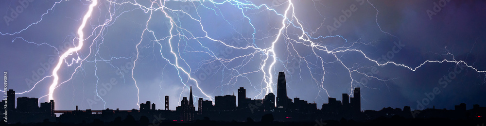 Lightning over the city skyline during summer storm at night