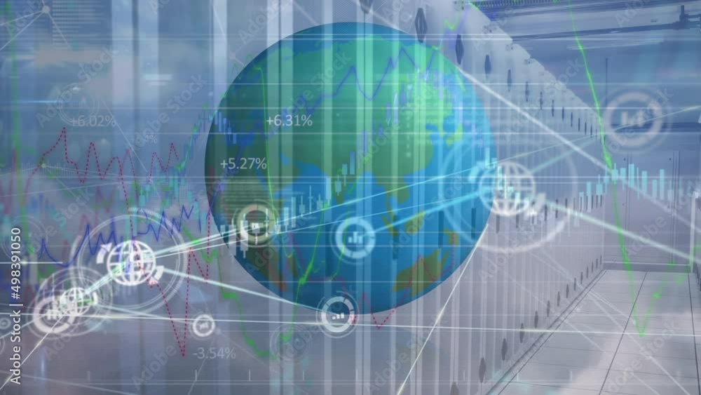 Animation of network of connections, diverse financial data, graphs and globe over servers Animation of network of connections, diverse financial data, graphs and globe over servers