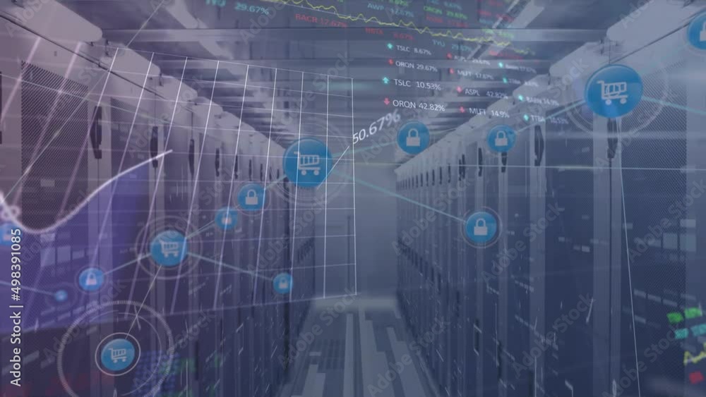 Animation of network of connections, diverse financial data and graphs over servers Animation of network of connections, diverse financial data and graphs over servers
