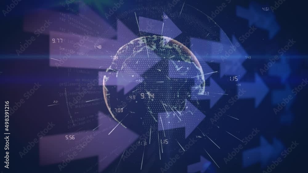 Animation of arrows, numbers and globe rotating in violet space Animation of arrows, numbers and globe rotating in violet space