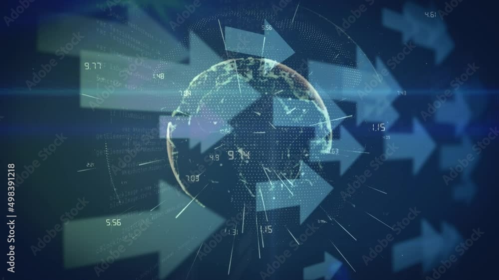 Animation of arrows, numbers and globe rotating in navy space Animation of arrows, numbers and globe rotating in navy space