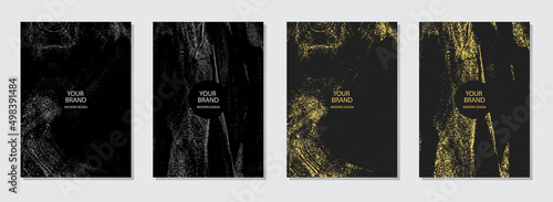 Cover design set. Collection of vertical templates. Grunge golden marble texture. Geometric black backgrounds. Topical design solution for brochure, catalogue, book, poster, flyer, invitation.