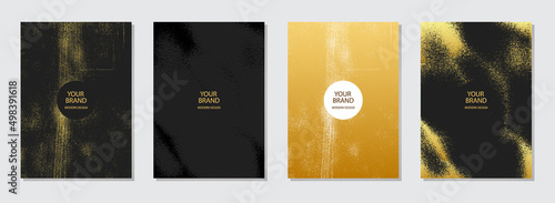 Artistic cover design set. Collection of vertical templates. Grunge golden marble texture. Geometric black backgrounds. Topical design solution for brochure, catalogue, book, poster, flyer, invitation