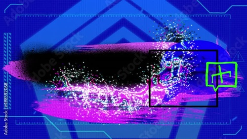 Animation of colorful shapes and digital iterface on blue background photo