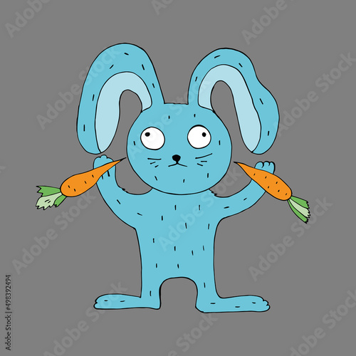 Funny blue hare with carrots. Vector illustration. Comics. Coloring for children and adults. Cartoon