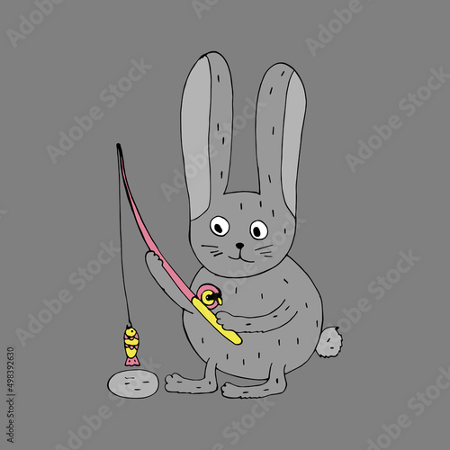 Gray hare fishing. Funny zats with a fishing rod in his hands. Vector illustration. Comics. Coloring for children and adults. Cartoon photo