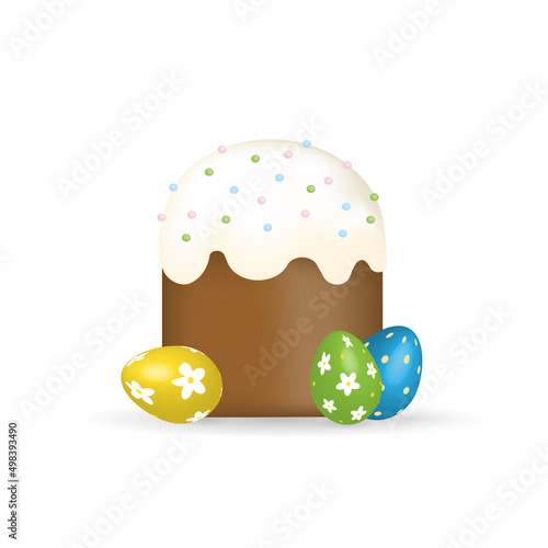 Happy Easter vector poster with decor egg and flower on blue backdrop.