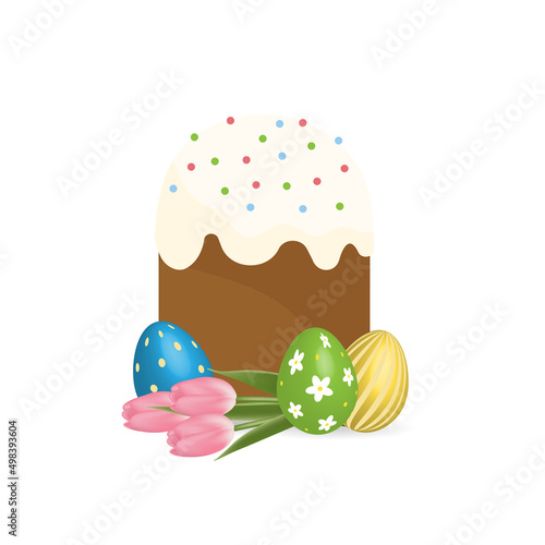 Happy Easter vector poster with decor egg and flower on blue backdrop.