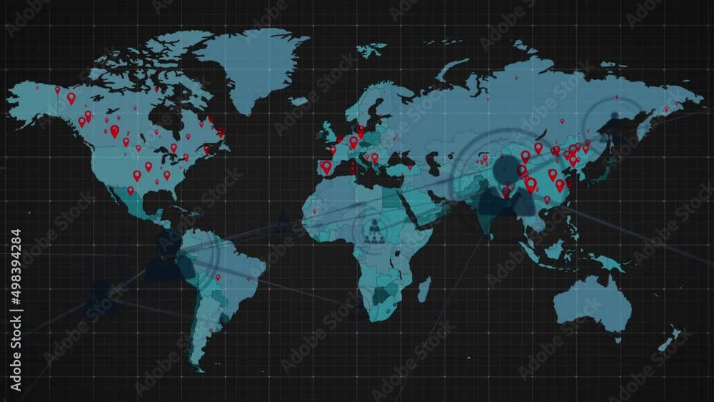 Animation of network of connections over world map on black bacground Animation of network of connections over world map on black bacground