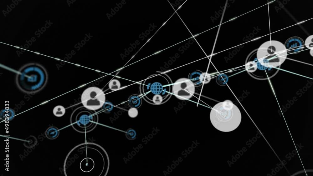 Animation of network of connections with user and globe icons over black background Animation of network of connections with user and globe icons over black background