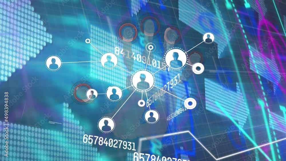 Animation of network of connections with user icons over blue background with arrows Animation of network of connections with user icons over blue background with arrows