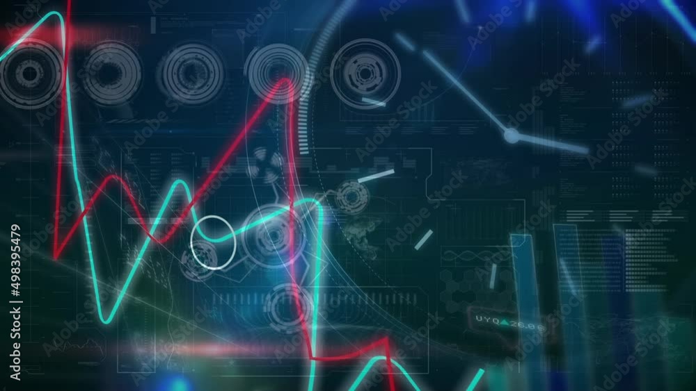 Animation of financial graphs, data and clock over screen with world map Animation of financial graphs, data and clock over screen with world map