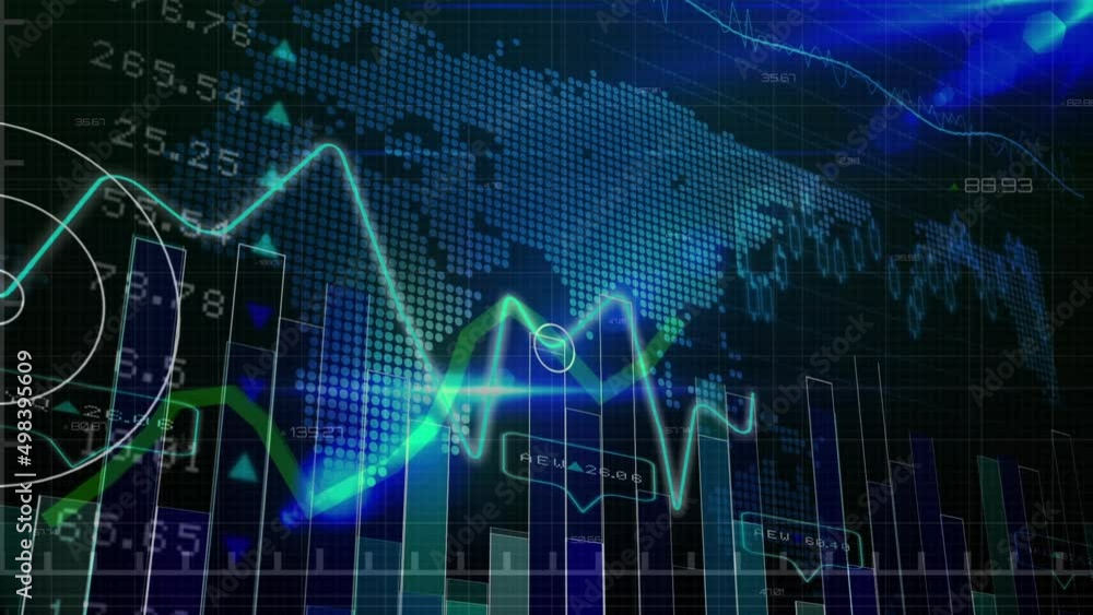 Animation of graphs and financial data over world map and blue and black screen Animation of graphs and financial data over world map and blue and black screen
