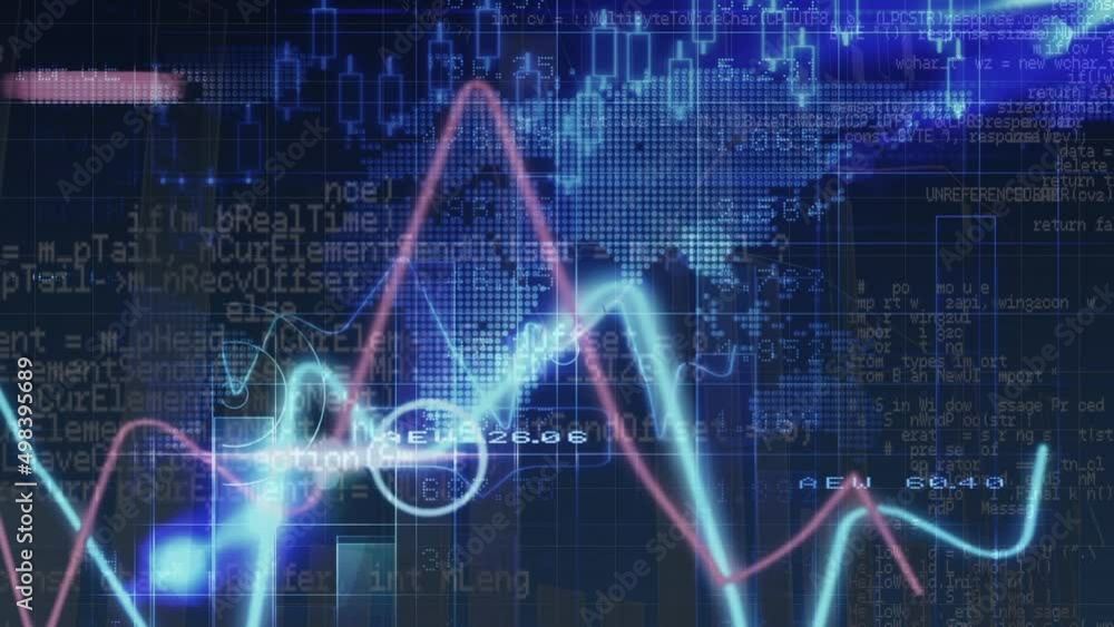 Animation of graphs and financial data over world map and blue and black background Animation of graphs and financial data over world map and blue and black background