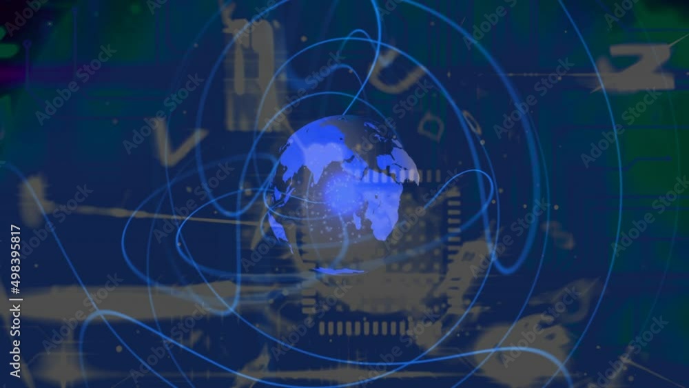 Animation of blue waves spreading from rotating globe in dark blue space