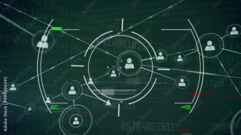 Animation of network of connections with people icons over binary coding data processing Animation of network of connections with people icons over binary coding data processing