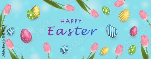 Happy Easter vector poster with decor egg and flower on blue backdrop.