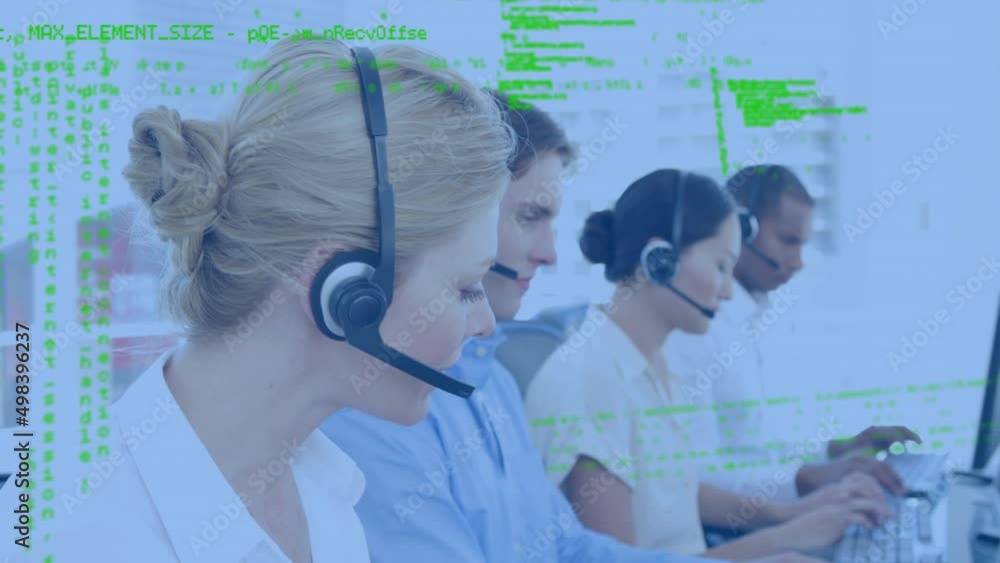 Animation of data processing over diverse business people using phone headsets Animation of data processing over diverse business people using phone headsets