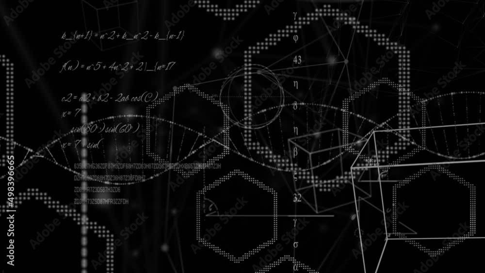 Animation of dna strand spinning over scientific data processing on black background Animation of dna strand spinning over scientific data processing on black background