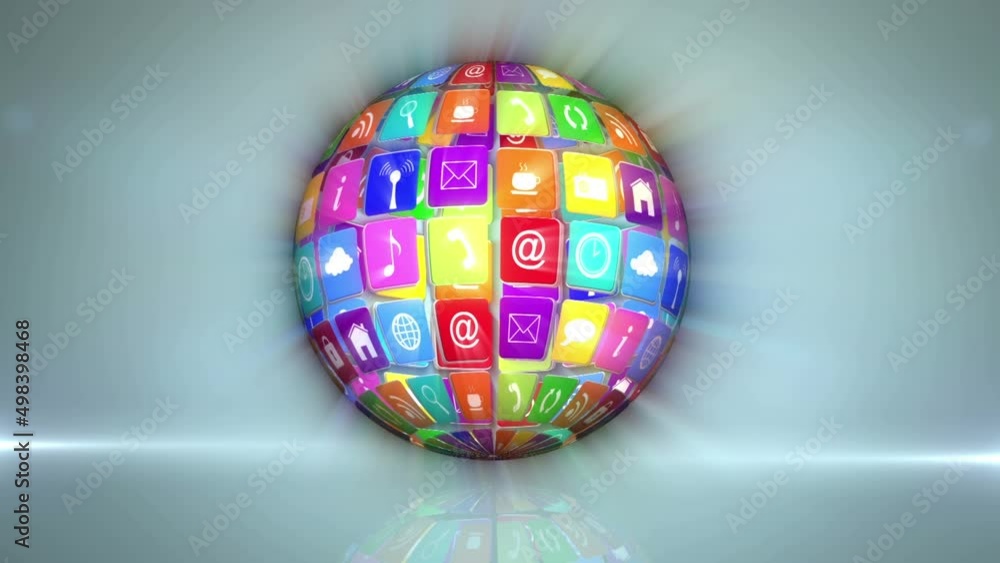 Animation of globe formed with digital icons over blue background Animation of globe formed with digital icons over blue background