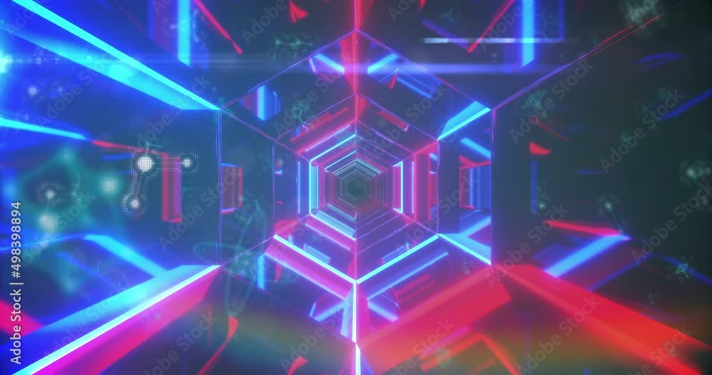 Animation of neon hexagons made of lights moving on black, blue and red background Animation of neon hexagons made of lights moving on black, blue and red background