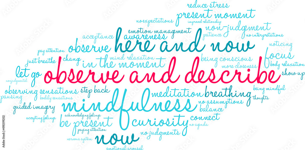 Observe and Describe During Mindfulness Word Cloud on a white background. Observe and Describe During Mindfulness Word Cloud on a white background.