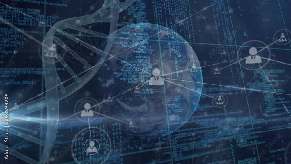 Animation of dna strand, network of connections with people icons over globe Animation of dna strand, network of connections with people icons over globe