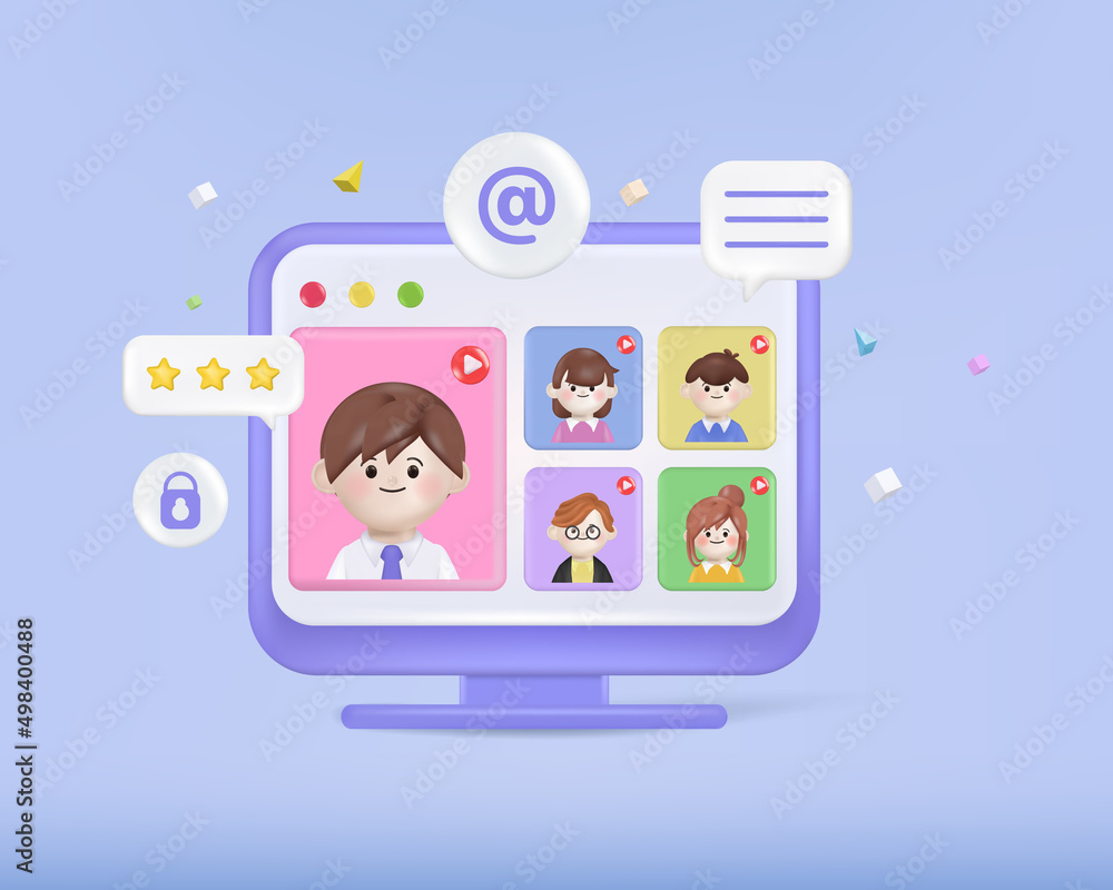 Virtual Conference Video call, Briefing, Online course study. 3d vector cartoon people design. Virtual Conference Video call, Briefing, Online course study. 3d vector cartoon people design.