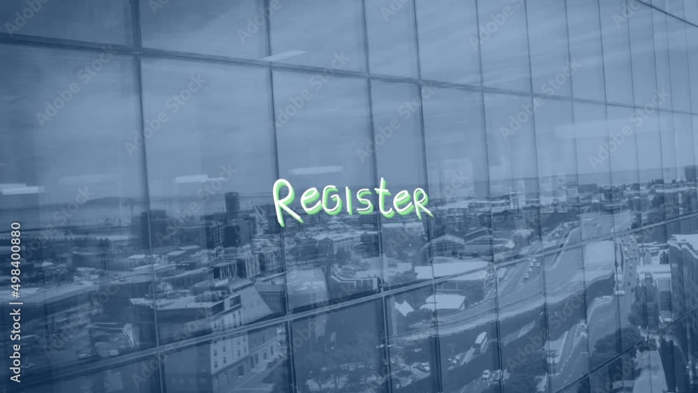 Animation of register text with lines over building and cityscape Animation of register text with lines over building and cityscape