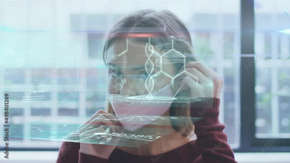 Animation of data processing over caucasian woman wearing face mask Animation of data processing over caucasian woman wearing face mask