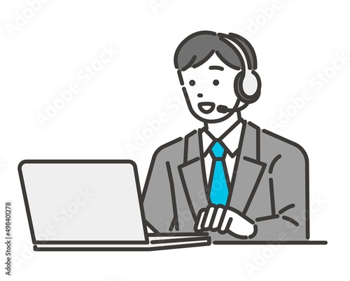 コールセンターで働く男性オペレーターのベクターイラスト素材／サービス／説明／ビジネス

