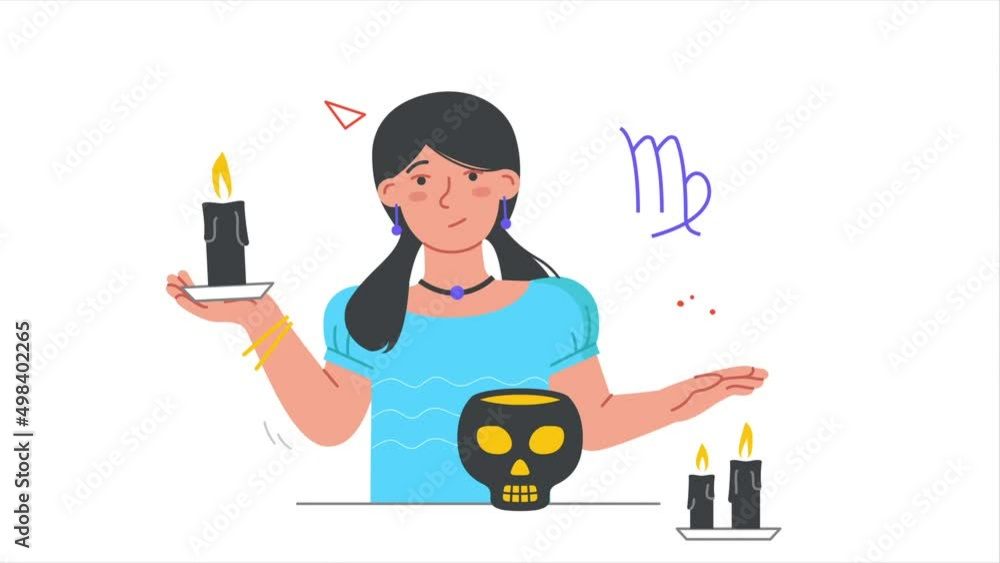 Female predicting future video concept. Young moving woman with black candles and skull predicts future or fate. Clairvoyant with magical attributes. Graphic animated cartoon in doodle style Female predicting future video concept. Young moving woman with black candles and skull predicts future or fate. Clairvoyant with magical attributes. Graphic animated cartoon in doodle style