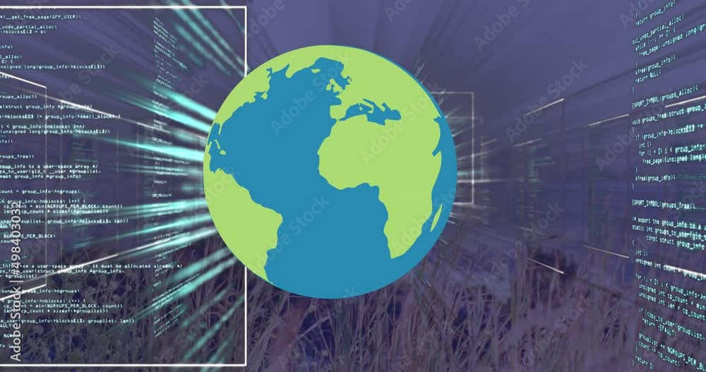 Animation of data processing and globe over cityscape Animation of data processing and globe over cityscape