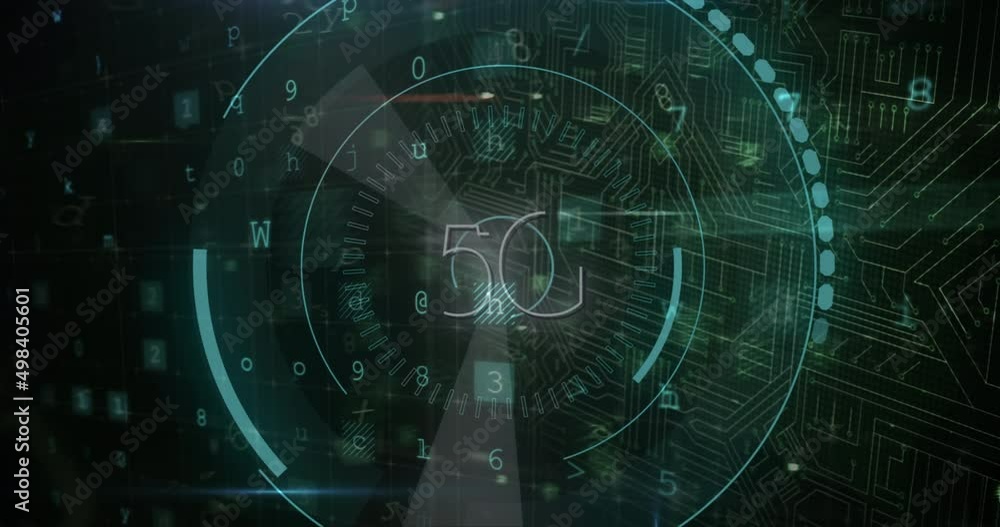 Animation of 5g, warning data processing, online security padlock and circuit board Animation of 5g, warning data processing, online security padlock and circuit board
