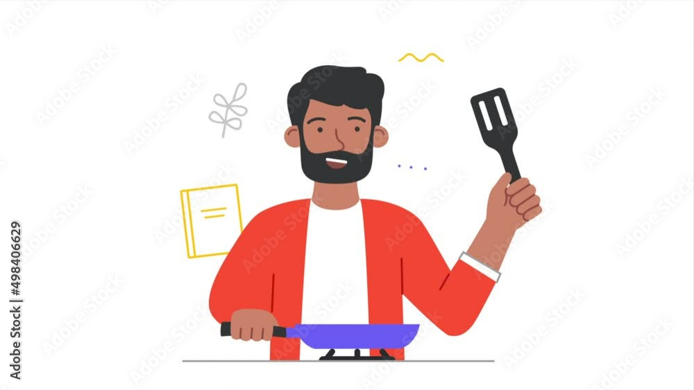 Smiling person cooking on kitchen video concept. Young moving man prepares delicious food for lunch or dinner. Male character roasts meat in frying pan. Graphic animated cartoon in doodle style Smiling person cooking on kitchen video concept. Young moving man prepares delicious food for lunch or dinner. Male character roasts meat in frying pan. Graphic animated cartoon in doodle style