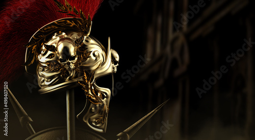 Fotografie 3d render illustration of spartan helmet golden engraved with skull and leaf branches on burning greek temple background