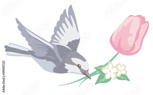 お花と鳥のカット。ベクターイラスト素材