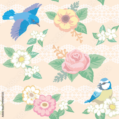 お花と鳥のシームレスパターン。ベクターイラスト素材