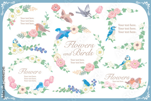 お花と鳥のフレーム素材などのセット。ベクターイラスト素材