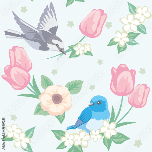 お花と鳥のシームレスパターン。ベクターイラスト素材 © 夏妃 吉野