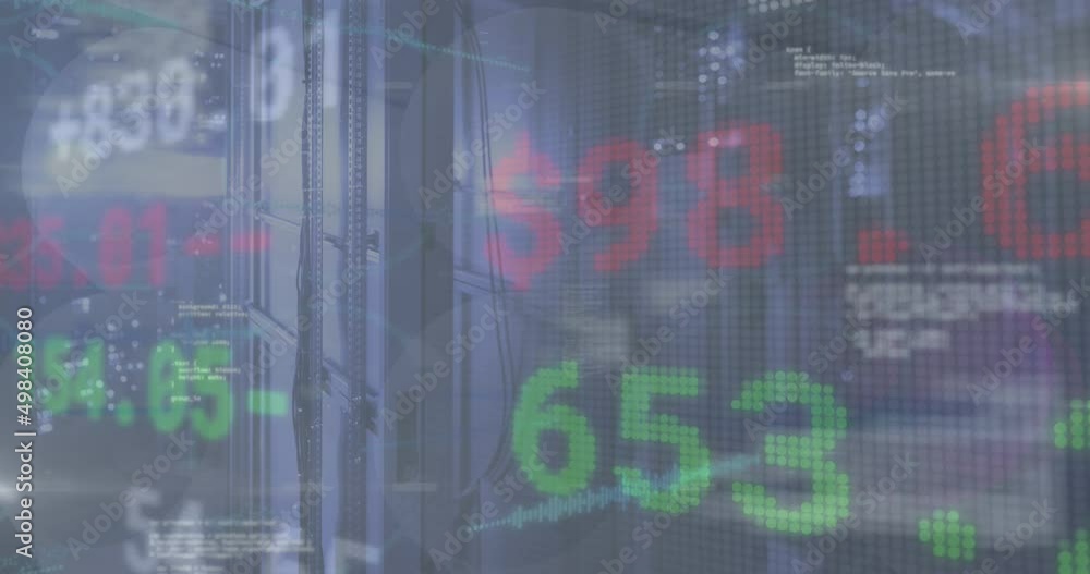 Animation of stock market and data processing over server room Animation of stock market and data processing over server room