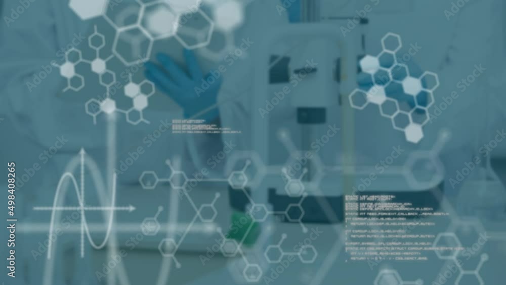 Animation of data processing and chemical formula over diverse scientists Animation of data processing and chemical formula over diverse scientists