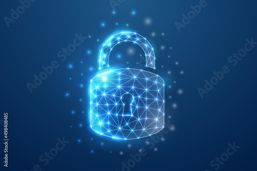 Lock 3d symbol in blue low poly style. Antivirus, privacy padlock design concept vector illustration. Cyber security polygonal wireframe.