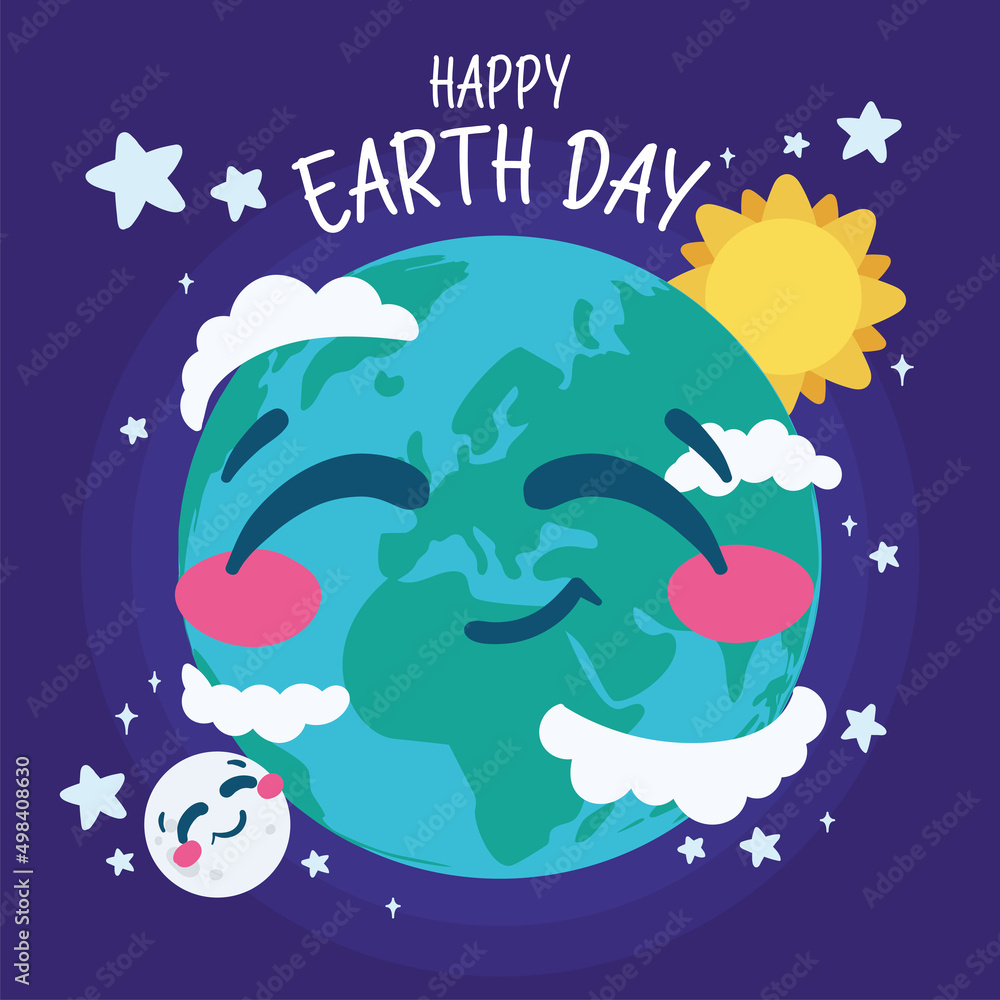 Naklejka premium Cute earth planet with clouds sun and moon Happy earth day Vector