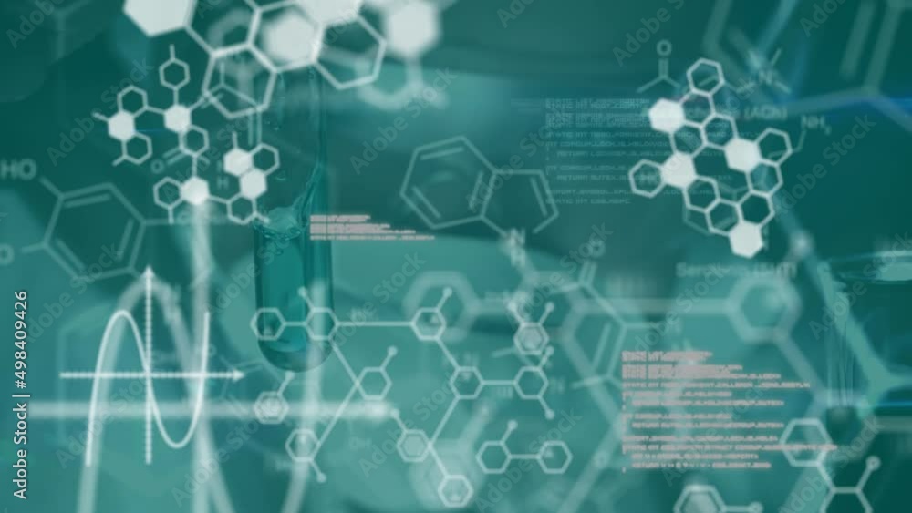 Animation of data processing and chemical formula over caucasian female scientist Animation of data processing and chemical formula over caucasian female scientist
