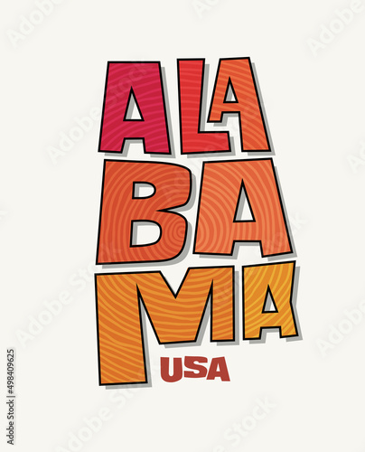 State of Alabama with the name distorted into state shape. Pop art style vector illustration for stickers, t-shirts, posters, social media and print media.