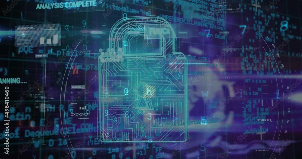 Animation of security padlock and data processing over navy background Animation of security padlock and data processing over navy background