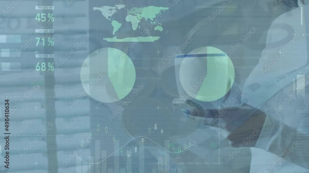Animation of financial data over hands of caucasian woman using smartphone Animation of financial data over hands of caucasian woman using smartphone