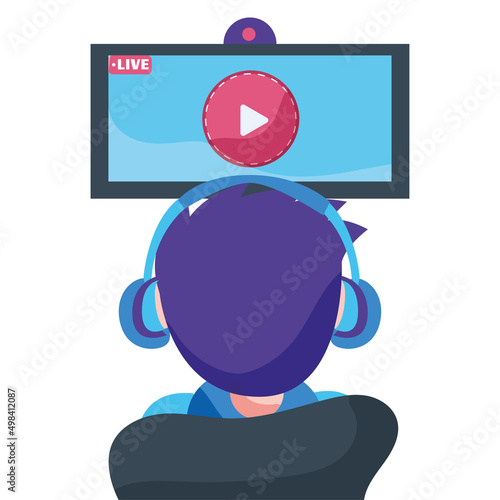 Streaming service concept Man with headphones watching a video Vector